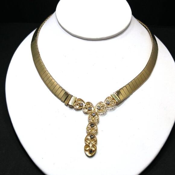 Vintage Mesh Link Choker Necklace, Gray Rhinestone Y Pendant, 16 Inches - Picture 6 of 8